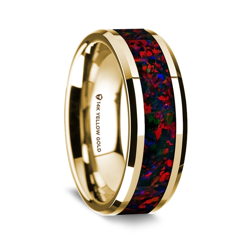 14k Yellow Gold Men's Wedding Band with Black & Red Opal Inlay