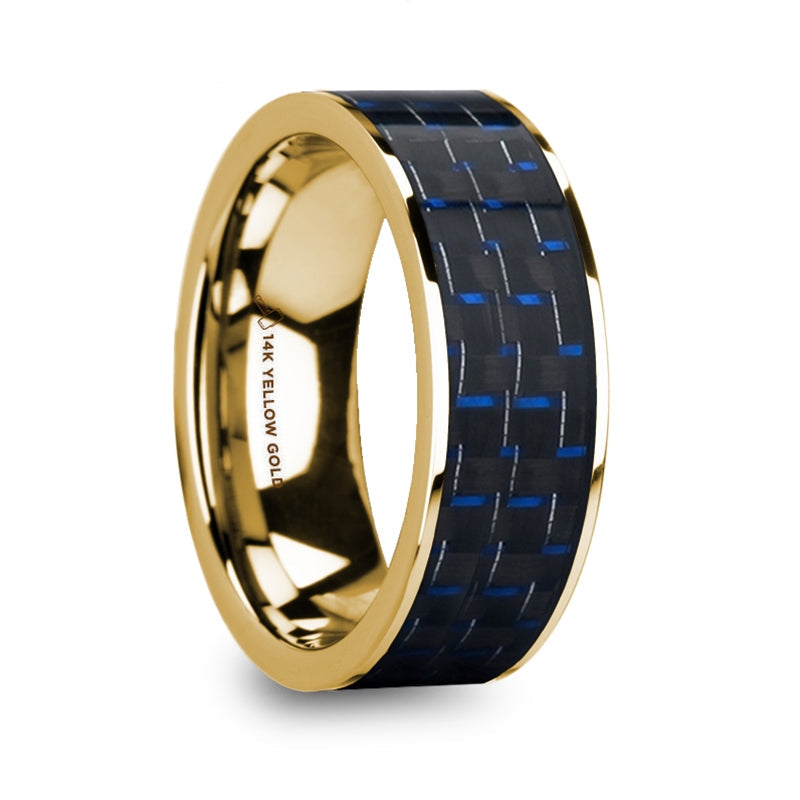 14k Yellow Gold Men's Wedding Band with Blue & Black Carbon Fiber Inlay