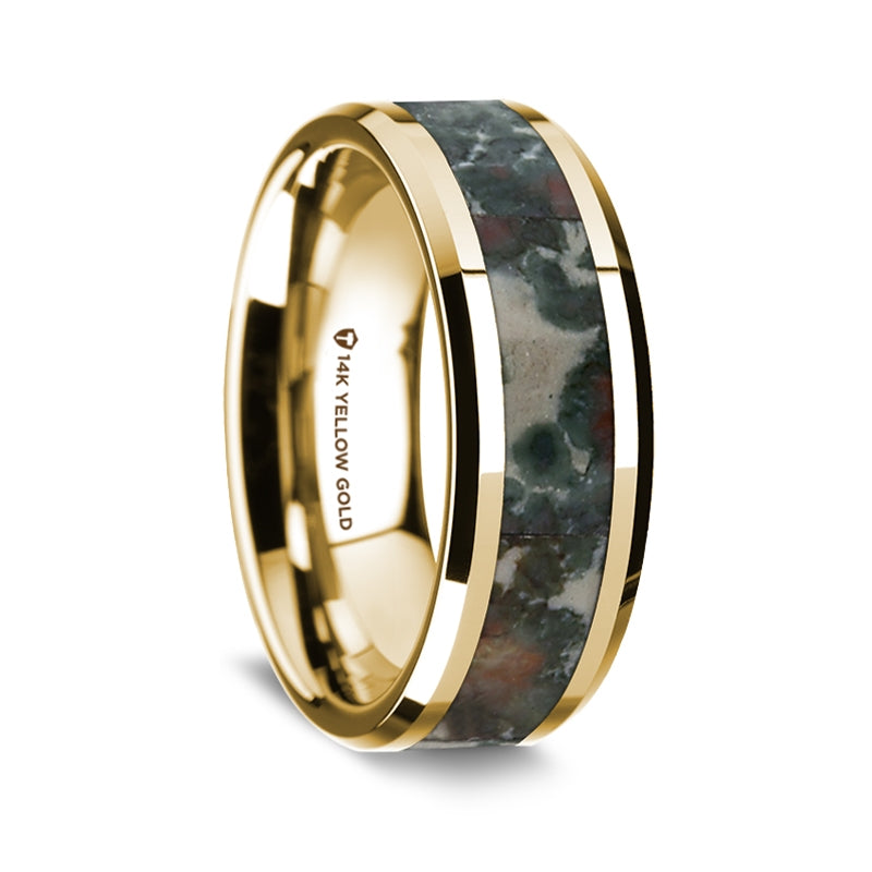 14k Yellow Gold Men's Wedding Band with Coprolite Inlay