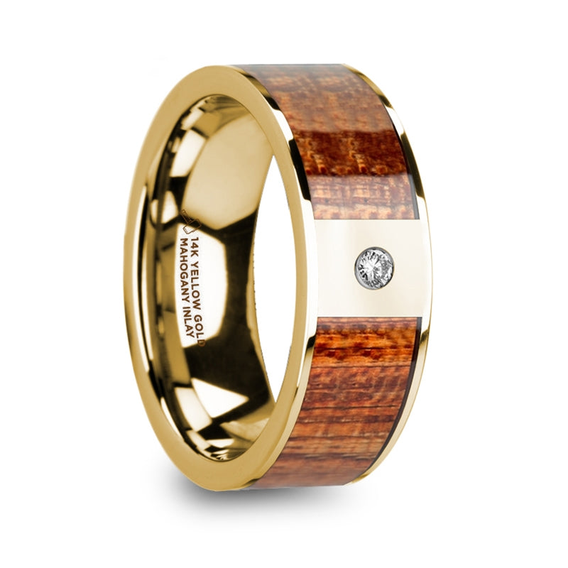 Yellow Gold Men's Ring with Mahogany Wood Inlay Diamond