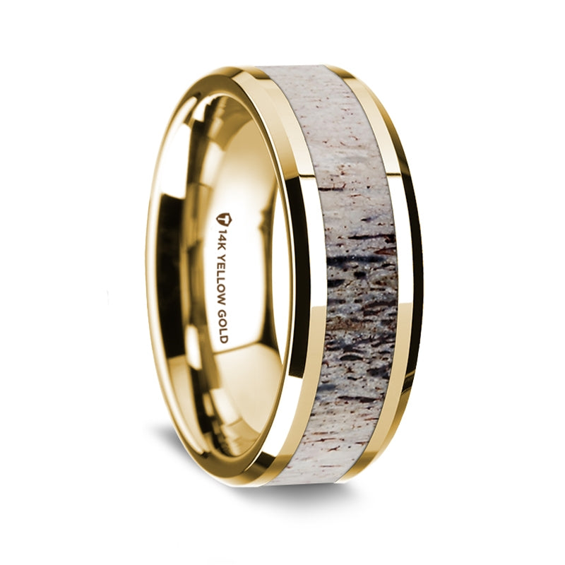 14k Yellow Gold Men's Wedding Band with Ombre Deer Antler Inlay