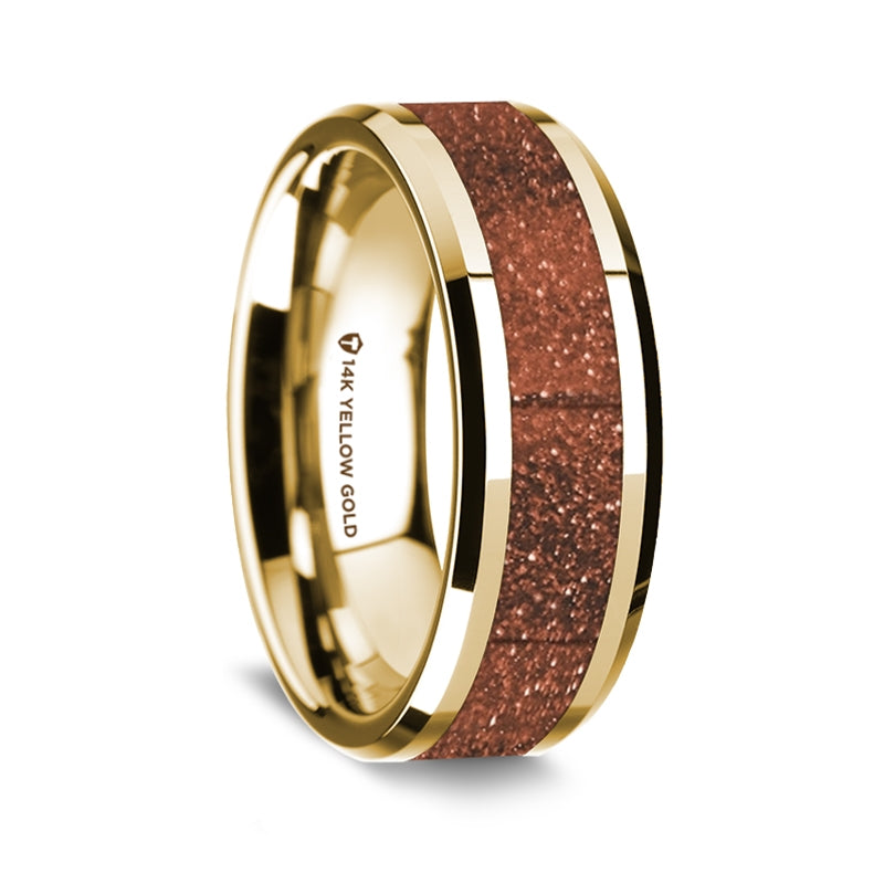 14k Yellow Gold Men's Wedding Band with Orange Goldstone Inlay