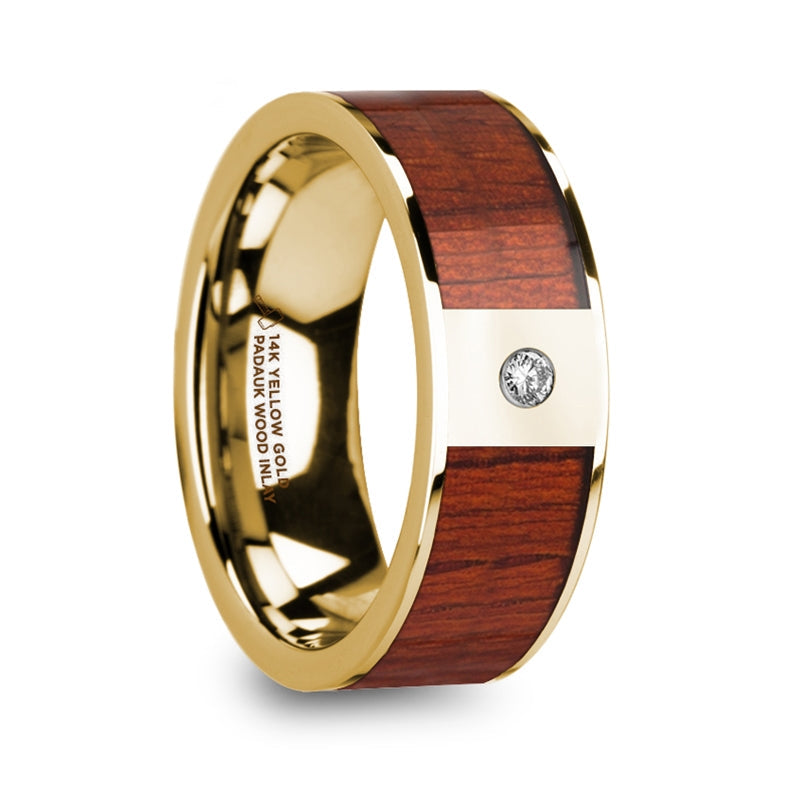 14k Yellow Gold Men's Wedding Band with Padauk Wood Inlay & Diamond
