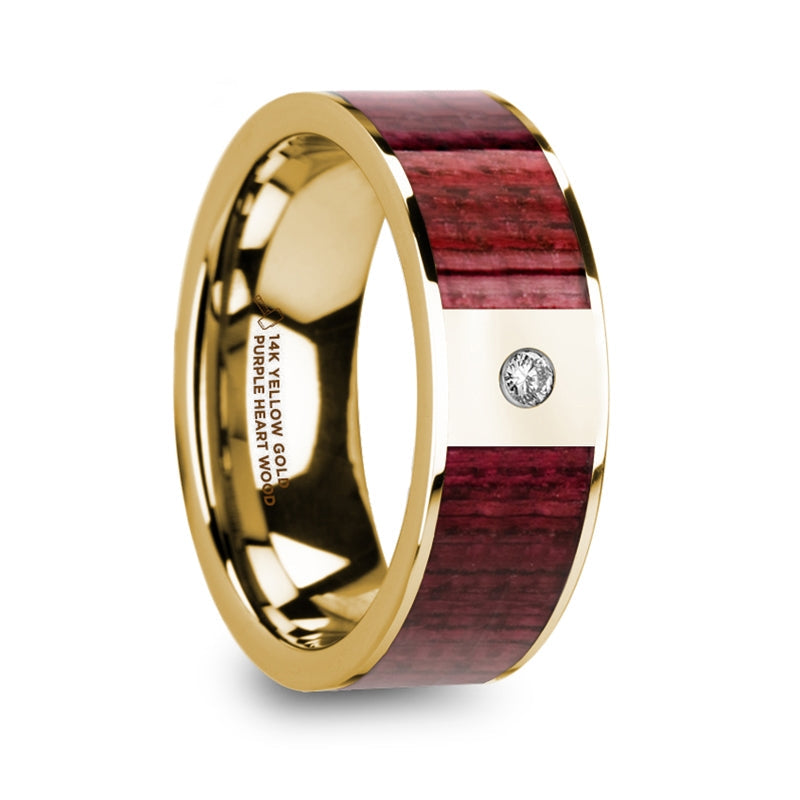 14k Yellow Gold Men's Wedding Band with Purpleheart Wood Inlay & Diamond