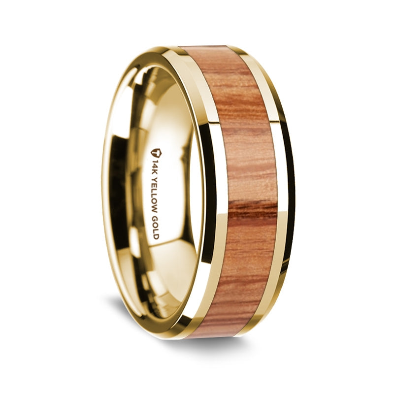 14k Yellow Gold Men's Wedding Band with Red Oak Wood Inlay
