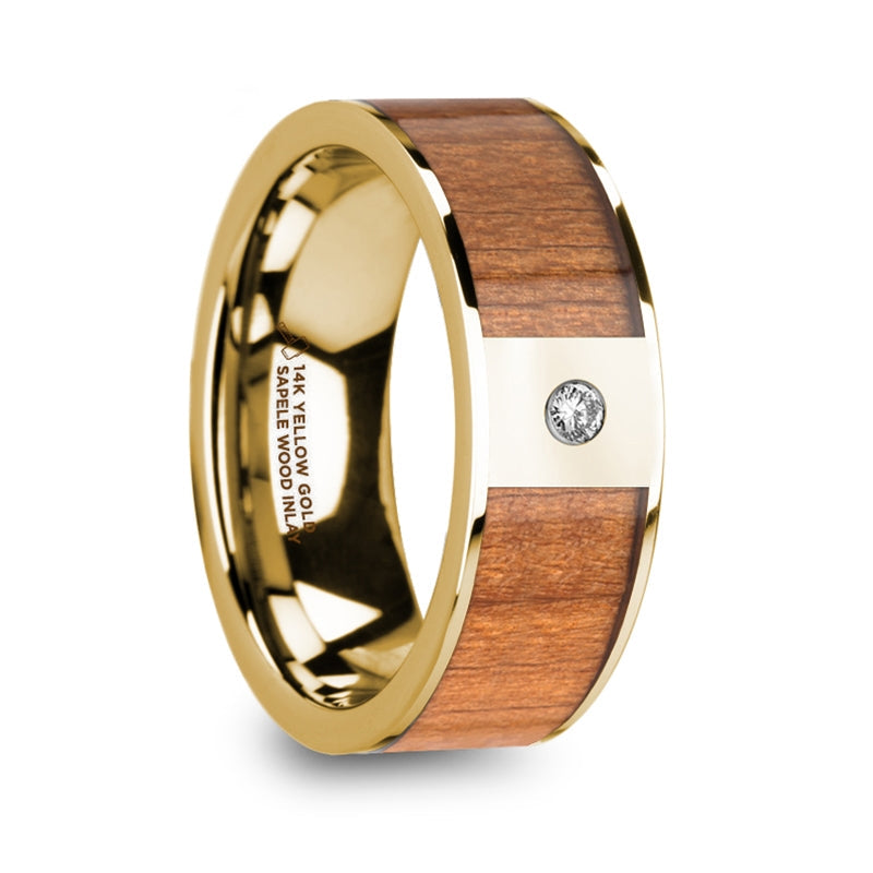 14k Yellow Gold Men's Wedding Band with Sapele Wood Inlay & Diamond