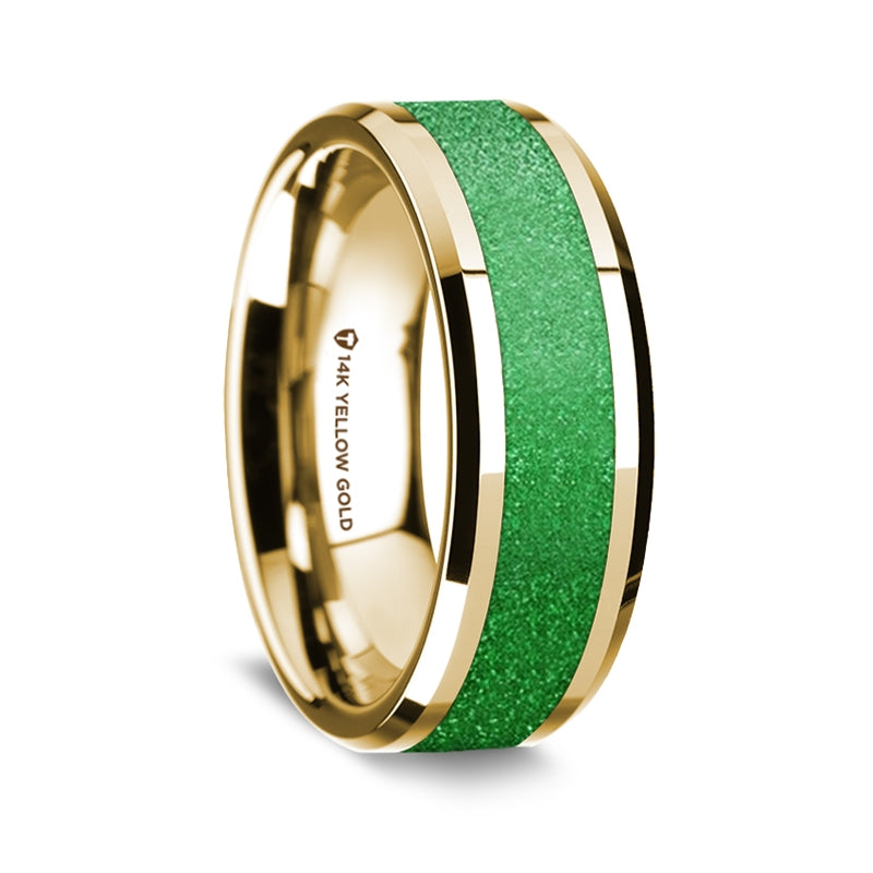 Yellow Gold Men's Ring with Sparkling Green Inlay