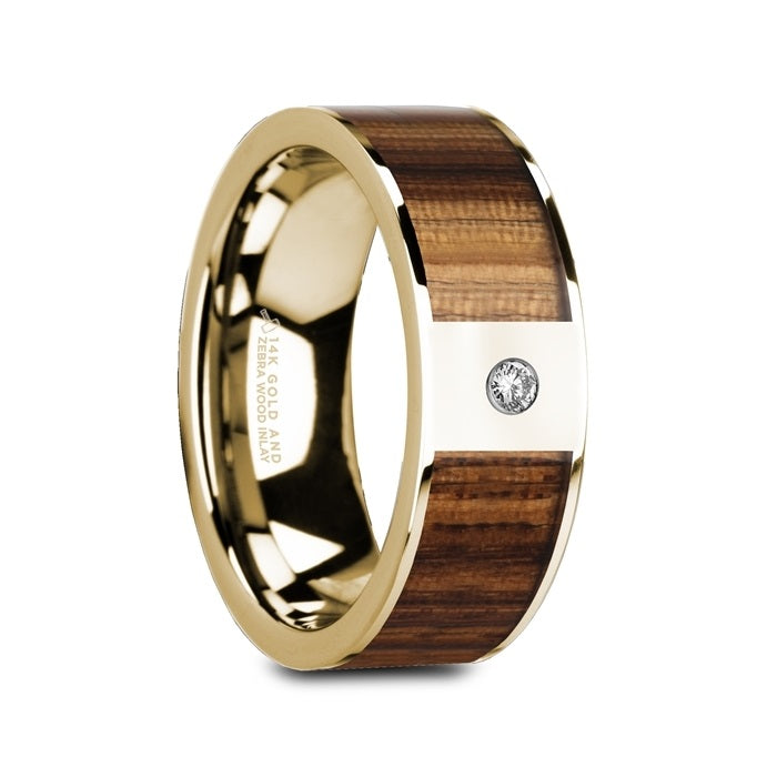14k Yellow Gold Men's Wedding Band with Zebra Wood Inlay & Diamond