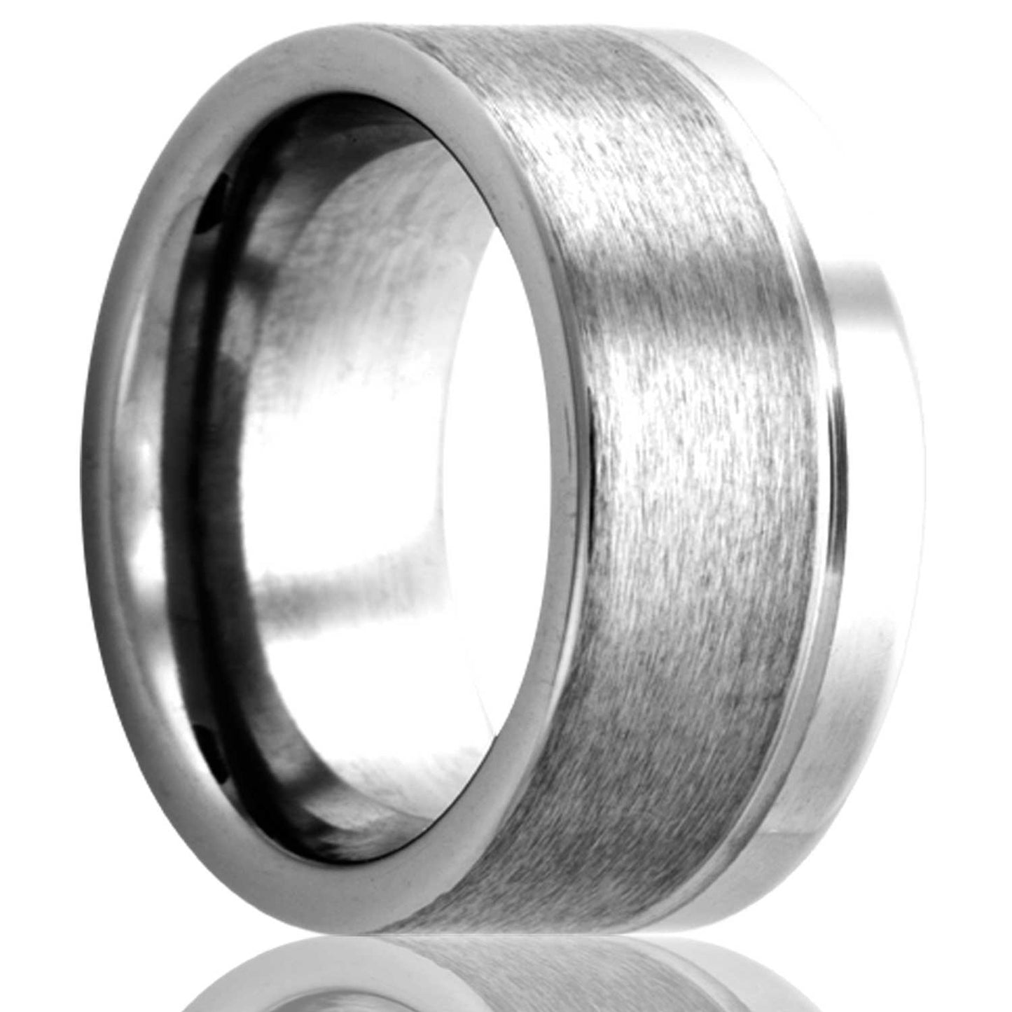 A asymmetrical grooved satin finish tungsten wedding band displayed on a neutral white background.