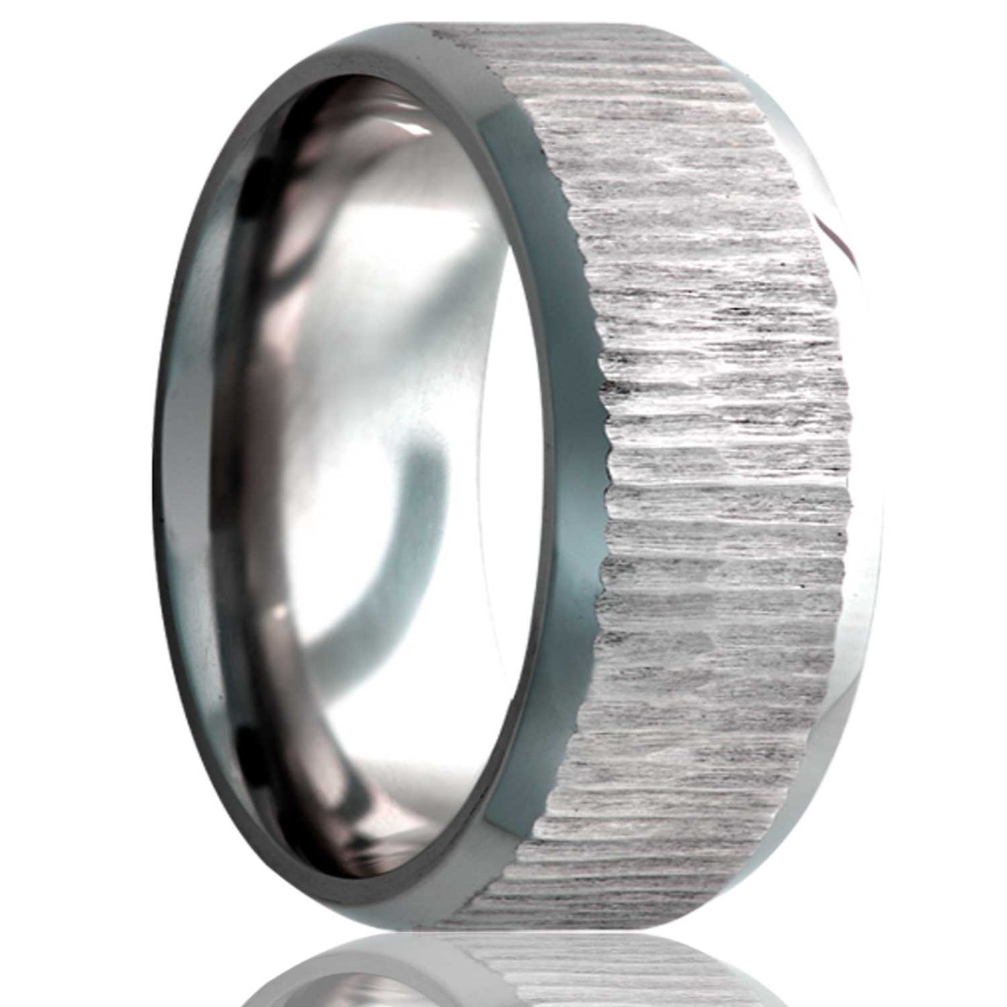 A treebark cobalt wedding band with beveled edges displayed on a neutral white background.