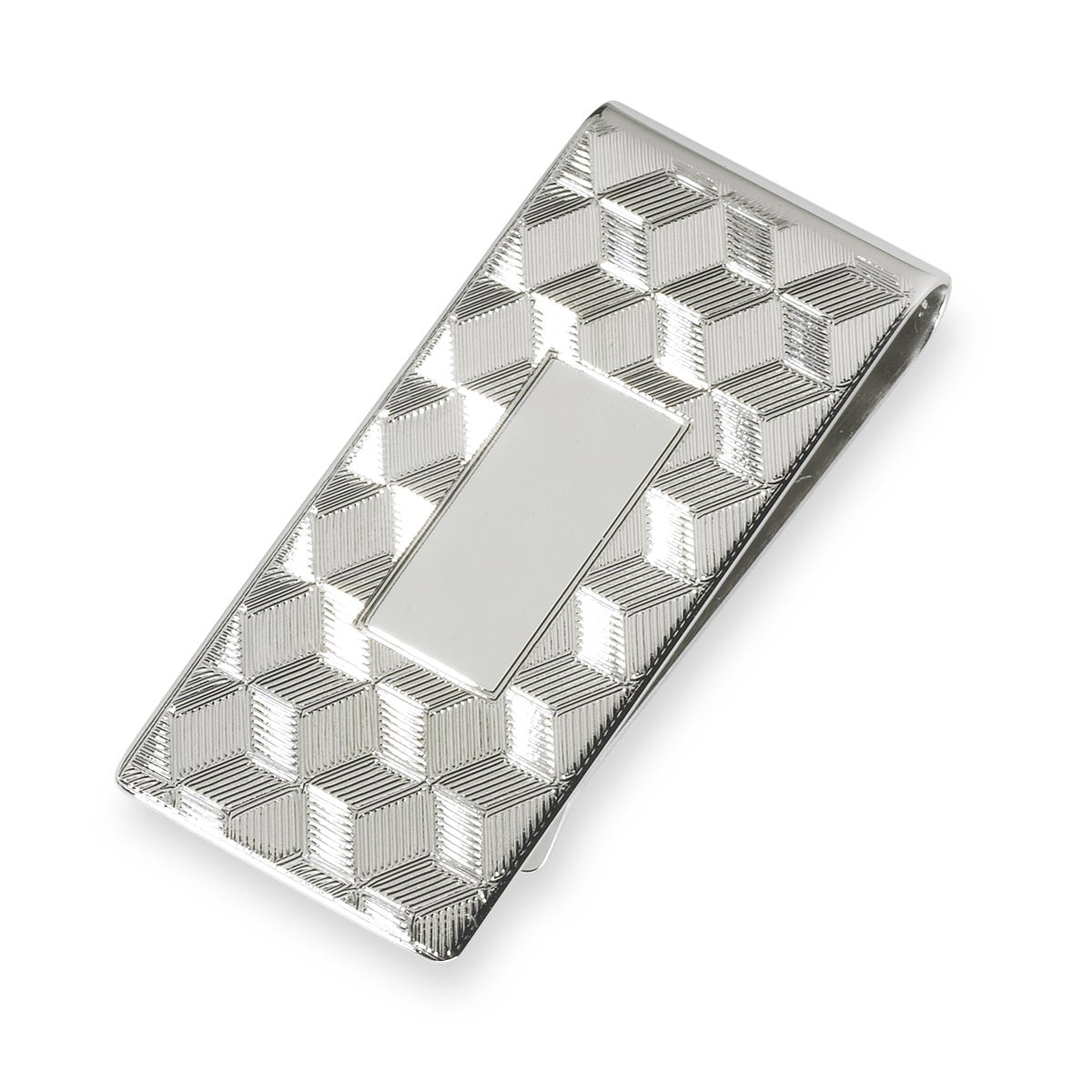 A 7 and 8" sterling silver engraved money clip displayed on a neutral white background.