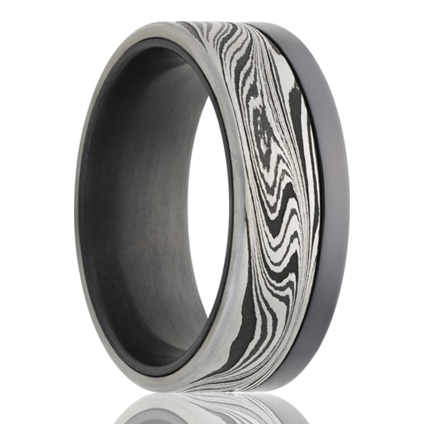 A asymmetrical damascus steel & zirconium men's wedding band displayed on a neutral white background.