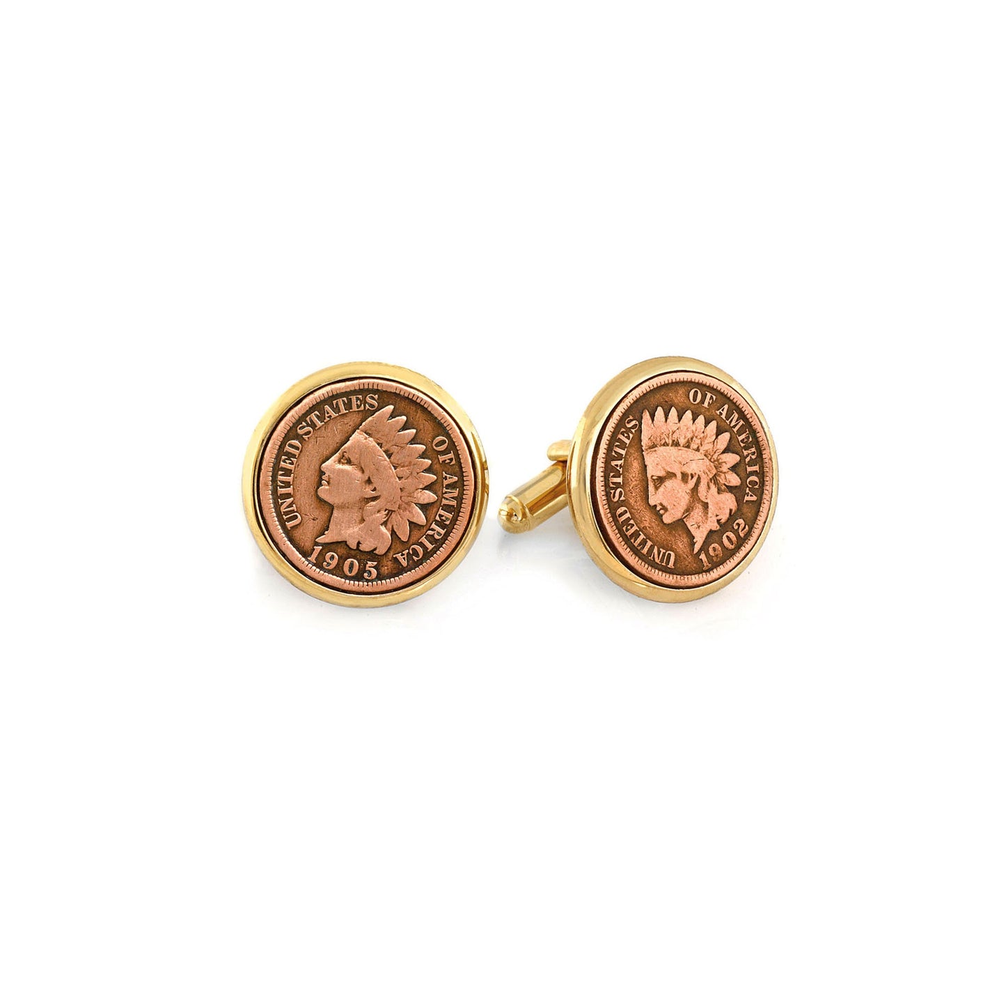 A indian head penny cufflinks displayed on a neutral white background.