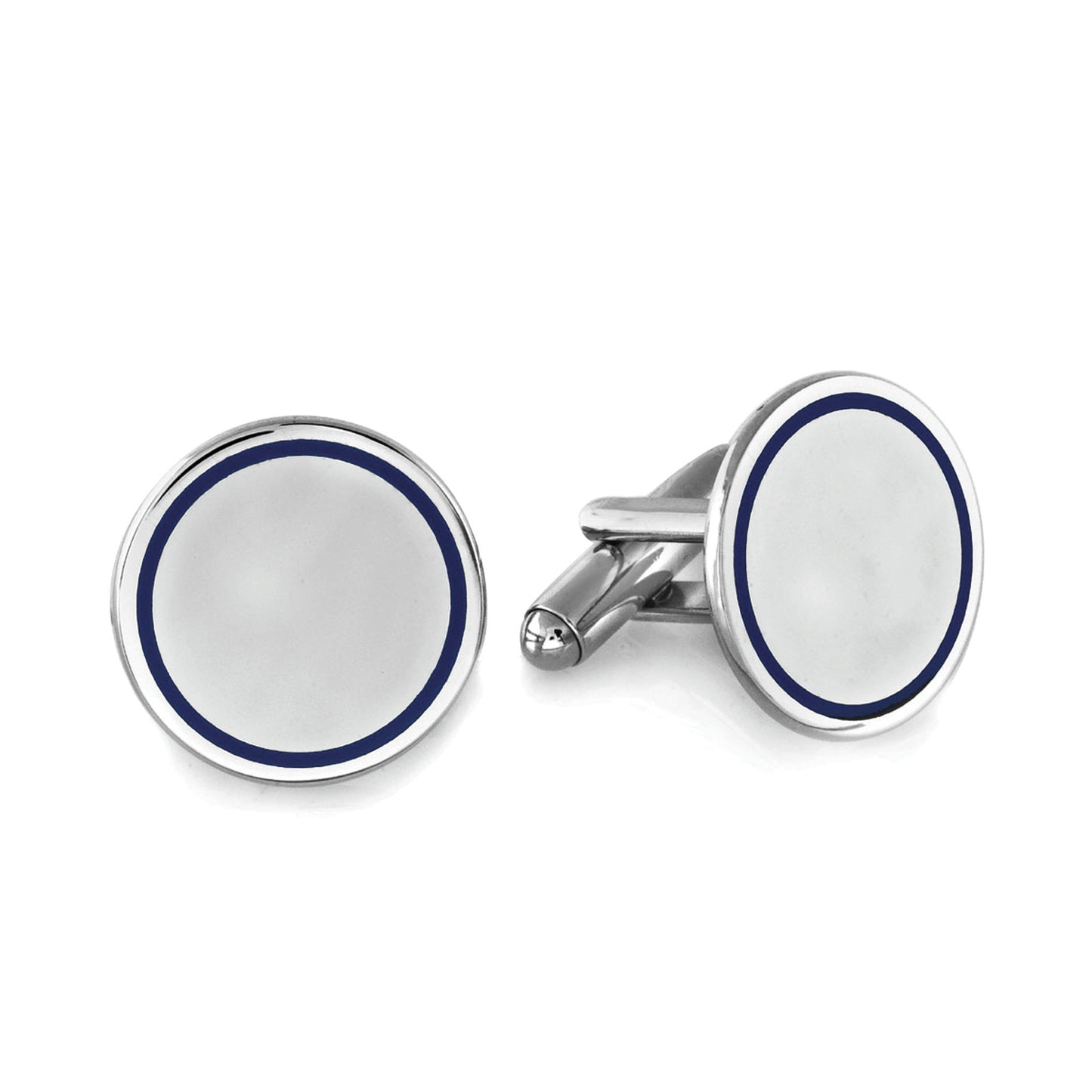 A round cufflinks with navy blue trim displayed on a neutral white background.