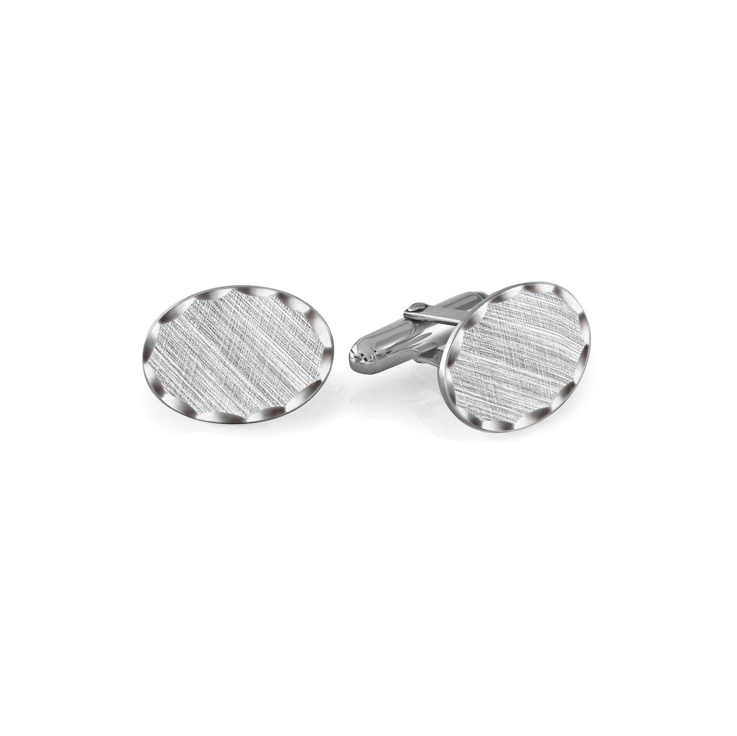 A oval florentine with scallop edge cufflinks displayed on a neutral white background.