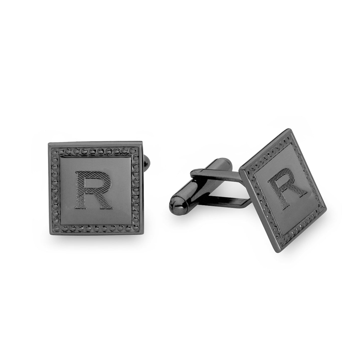 A hematite square beaded edge cufflinks displayed on a neutral white background.