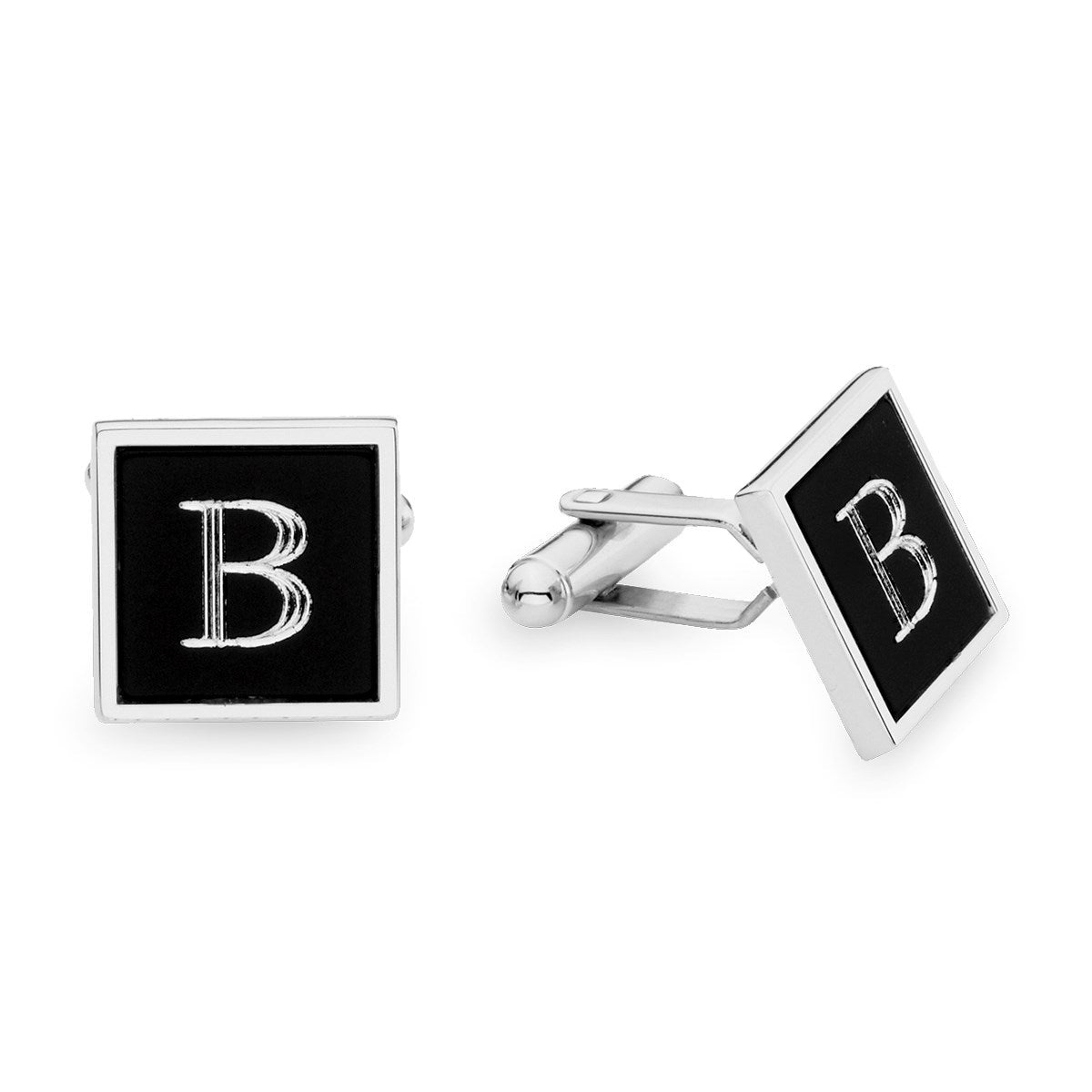 A black aluminim insert square cufflinks displayed on a neutral white background.
