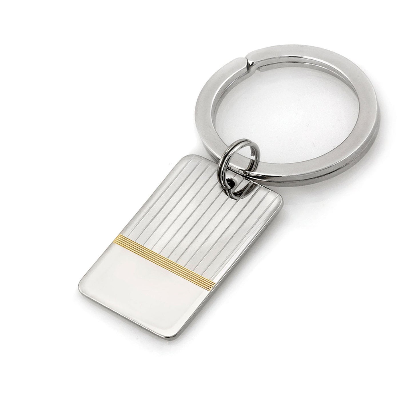A polished etched two color key ring displayed on a neutral white background.