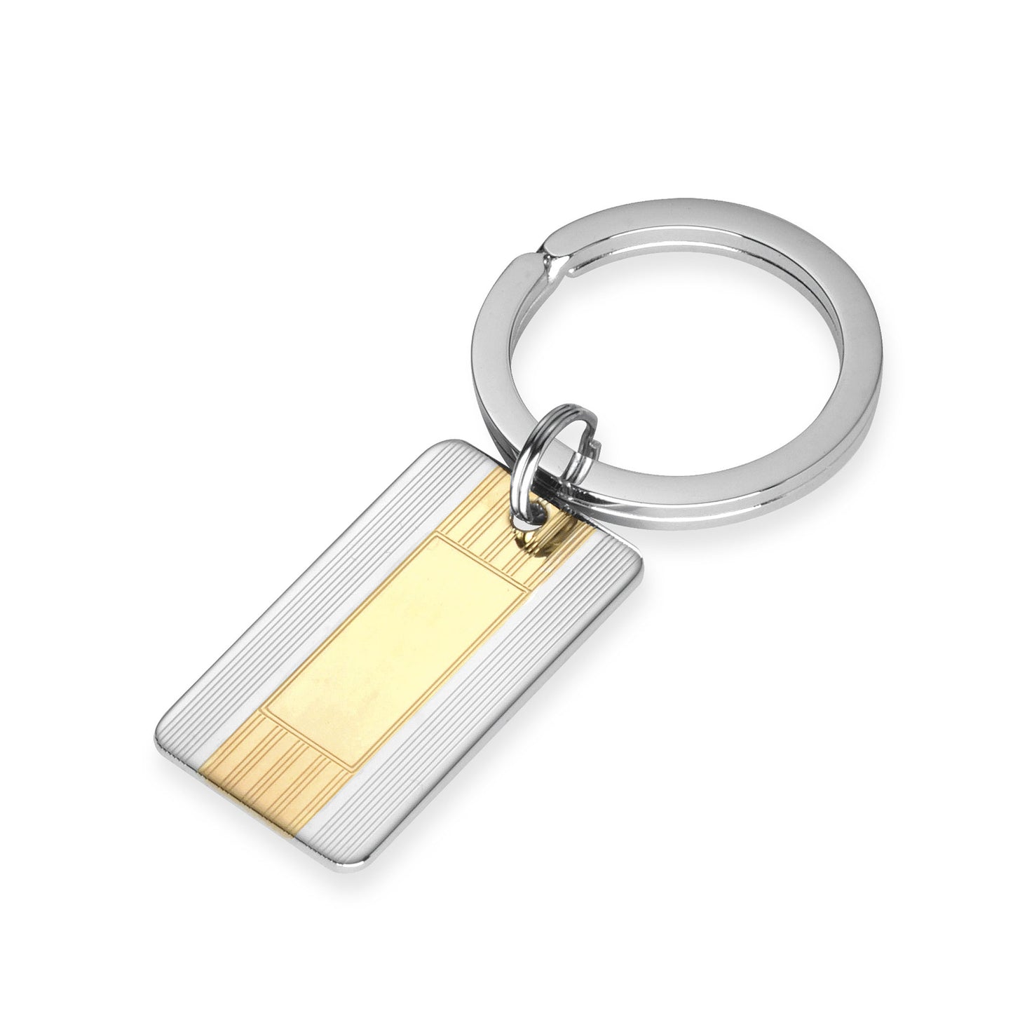 A polished engine-turned two color key ring displayed on a neutral white background.