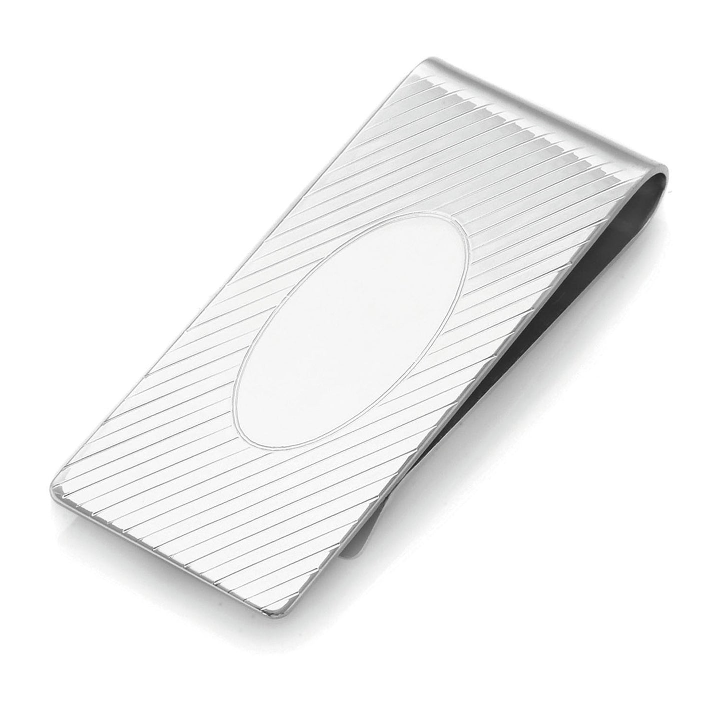 A brite engine-turned money clip displayed on a neutral white background.
