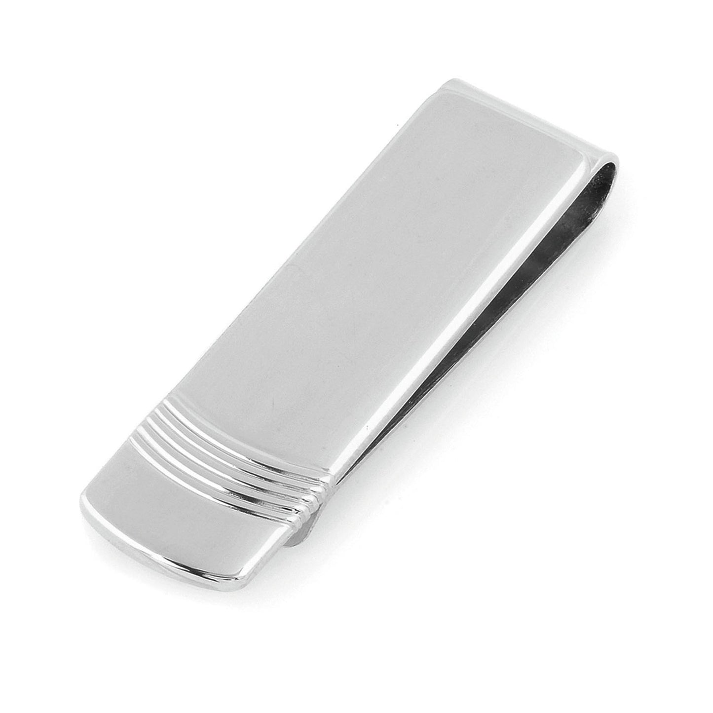 A polished money clip with striped radius end displayed on a neutral white background.
