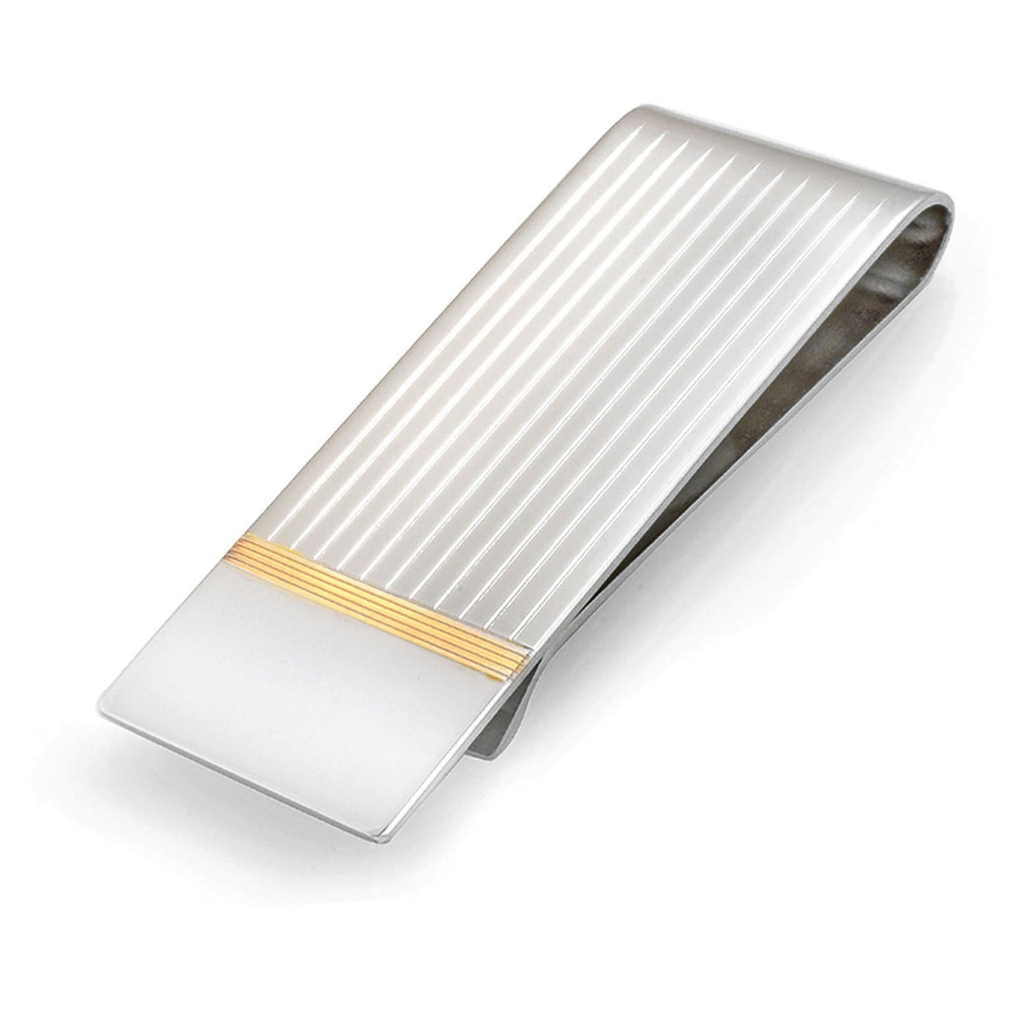 A two color base metal money clip displayed on a neutral white background.