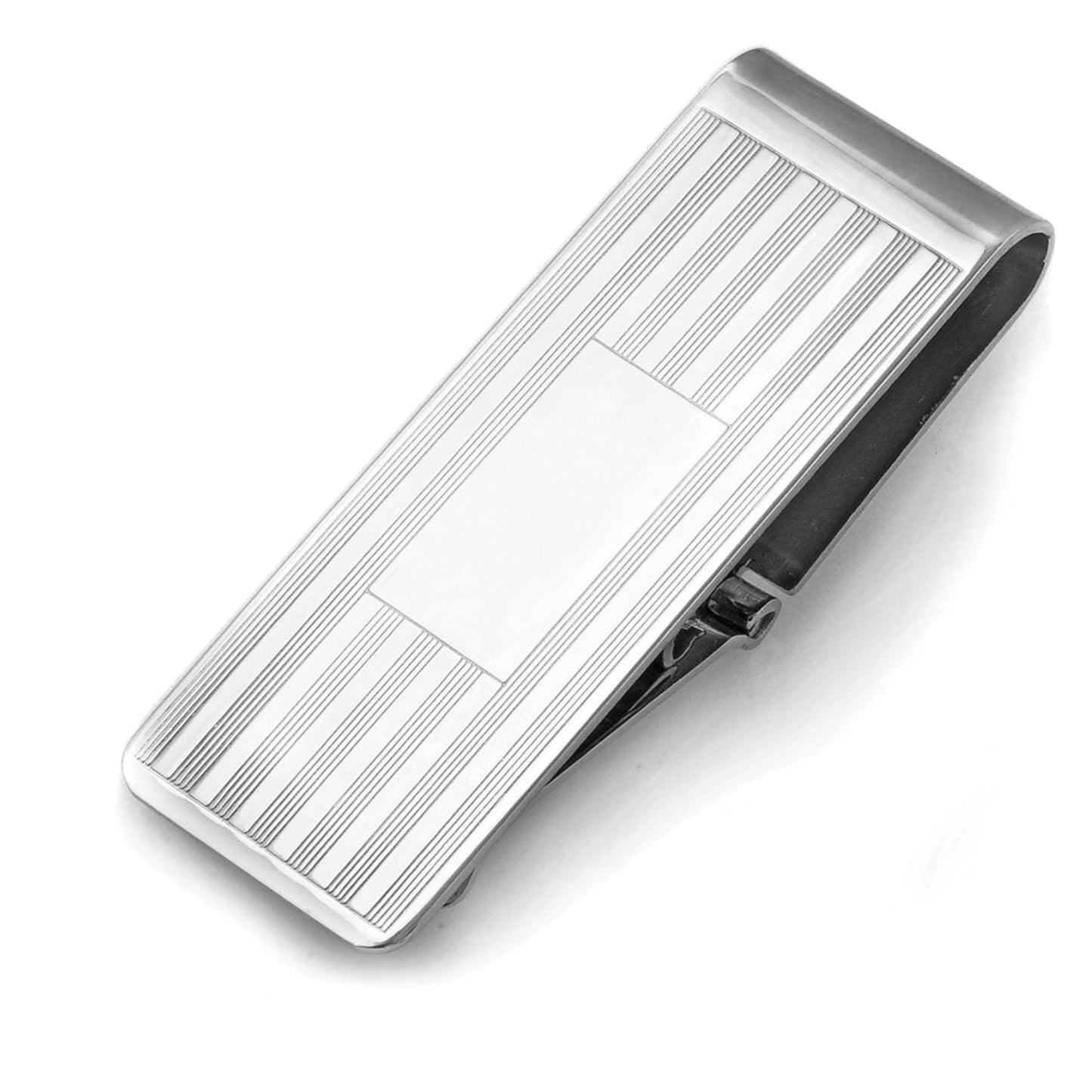 A embossed hinged classic money clip displayed on a neutral white background.