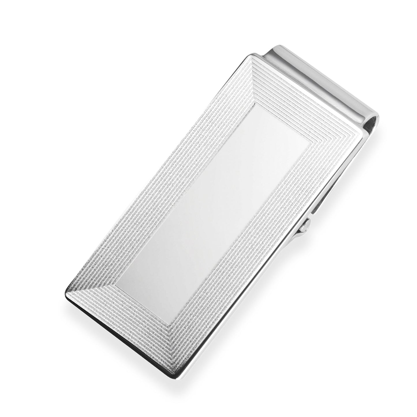 A 7 and 8" wide hinged engraved money clip displayed on a neutral white background.