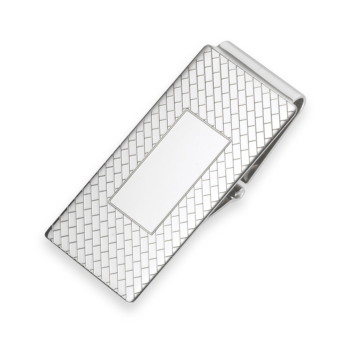 A 7 and 8" hinged money clip engraved displayed on a neutral white background.