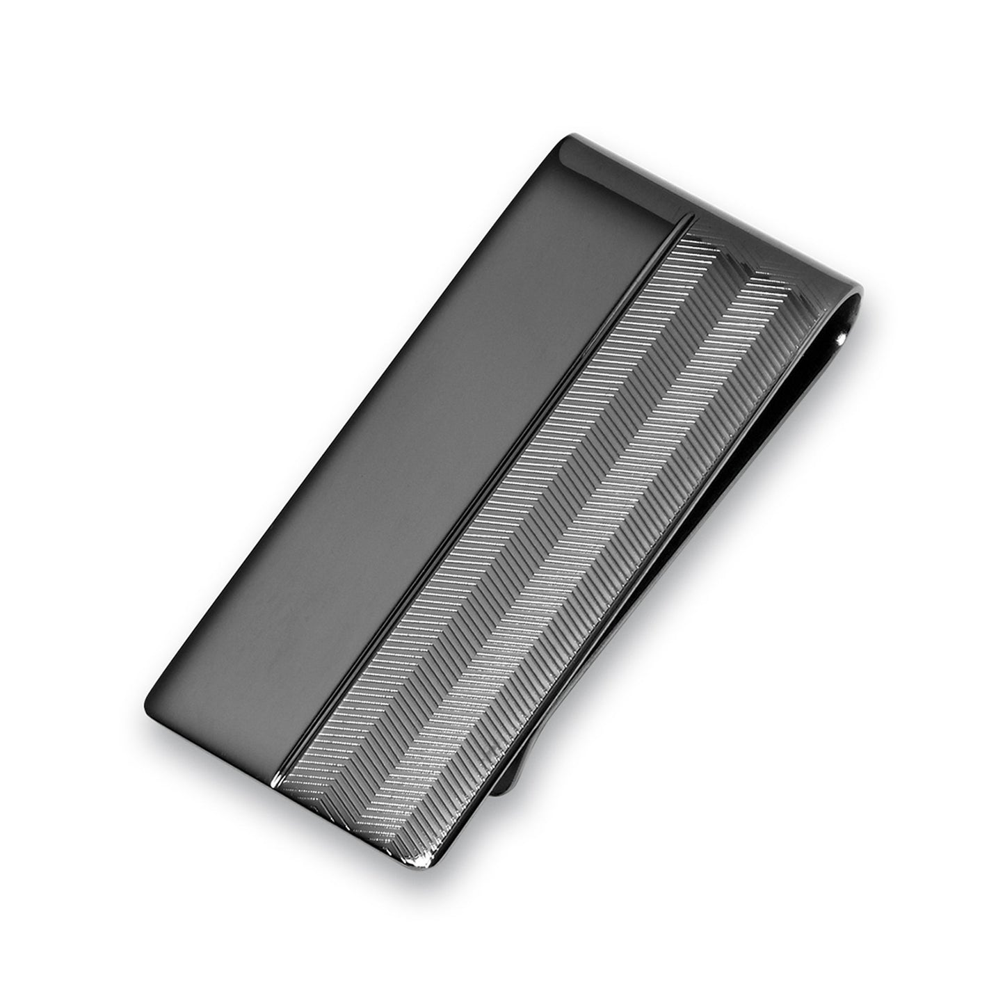 A hemetite engine turned money clip displayed on a neutral white background.