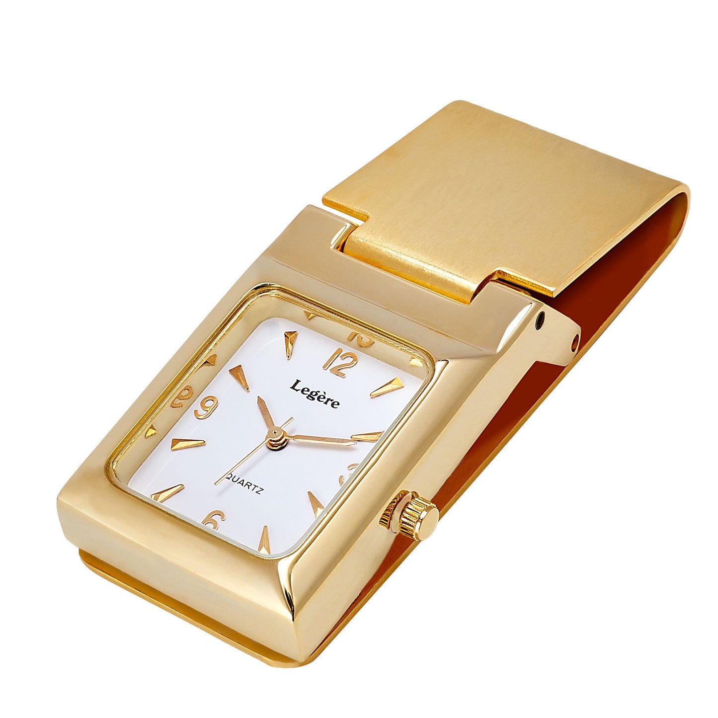 A square face white dial hinged watch money clip displayed on a neutral white background.