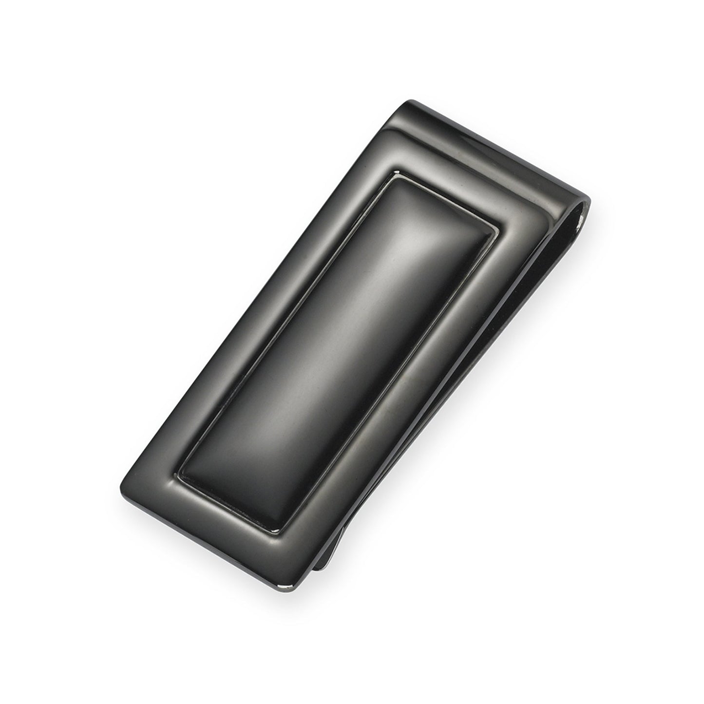 A framed polished gun metal money clip displayed on a neutral white background.
