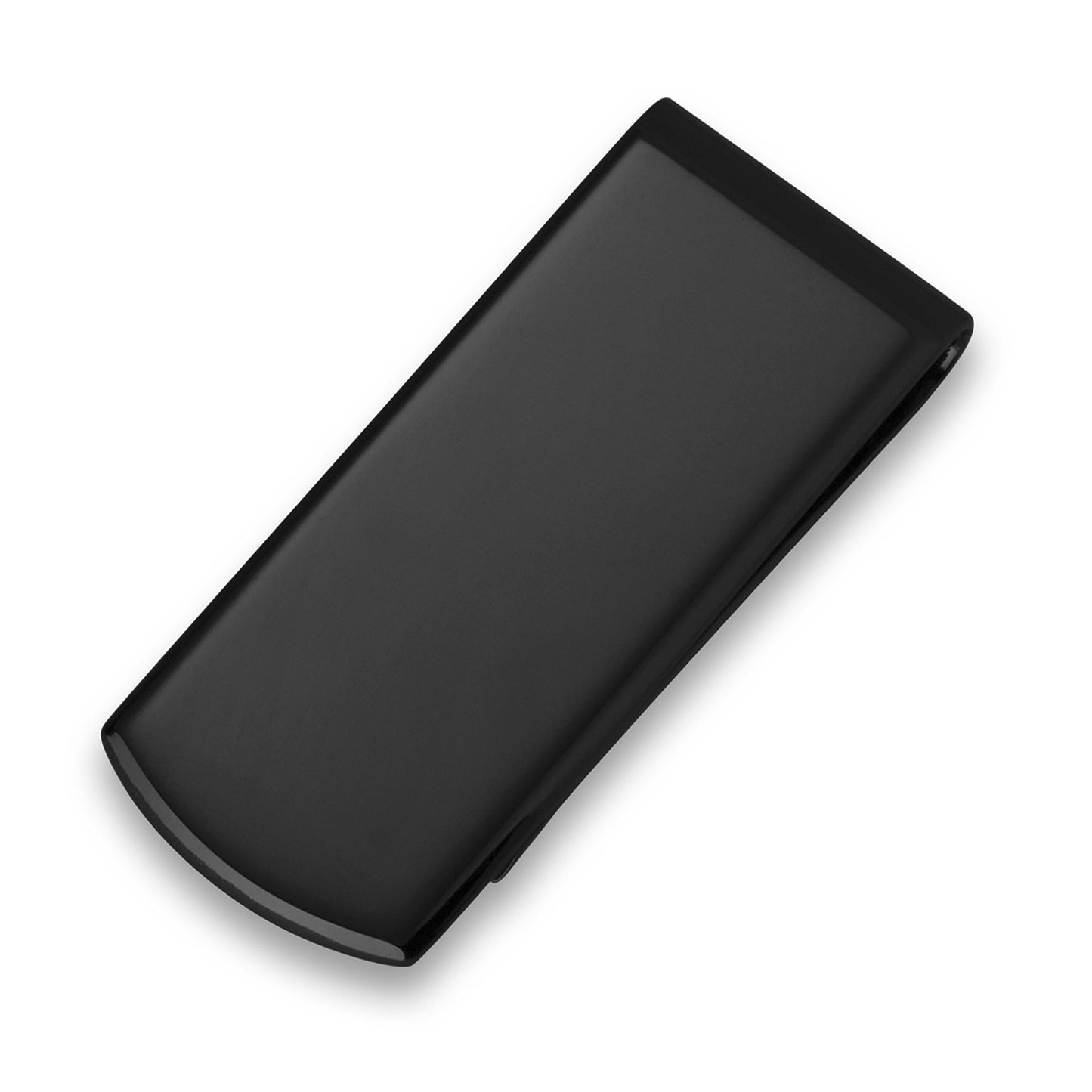 A radius end beveled edge gun metal clip displayed on a neutral white background.