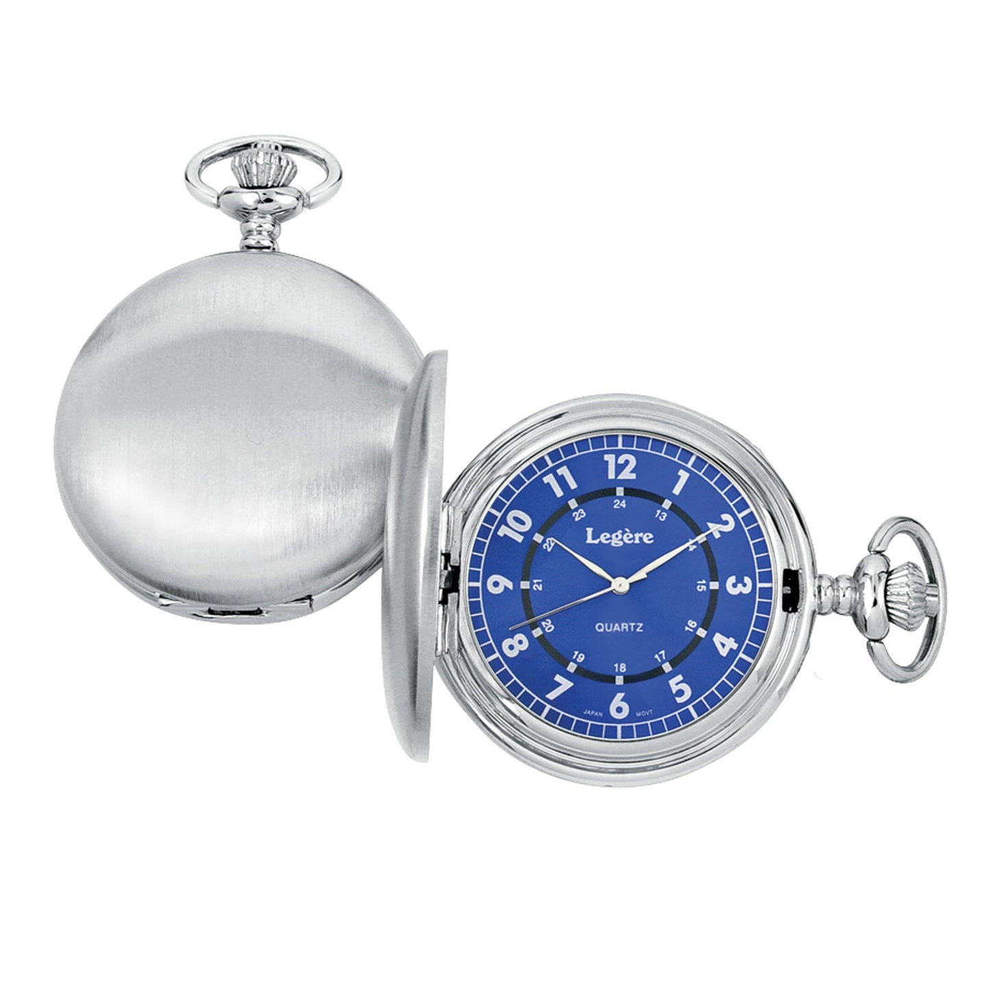 A large satined pocket watch blue and white displayed on a neutral white background.