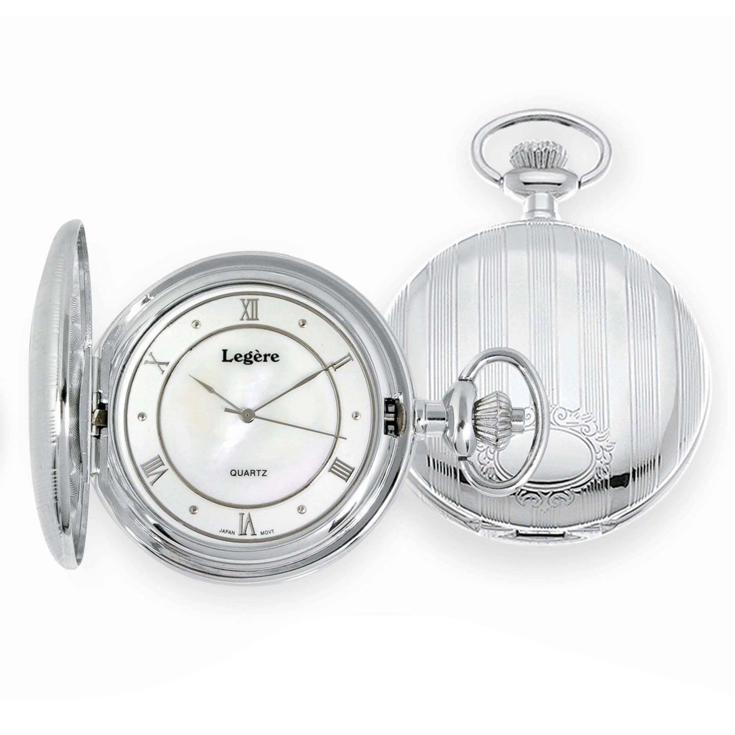 A pocket watch large engraved mother of pearl dial displayed on a neutral white background.