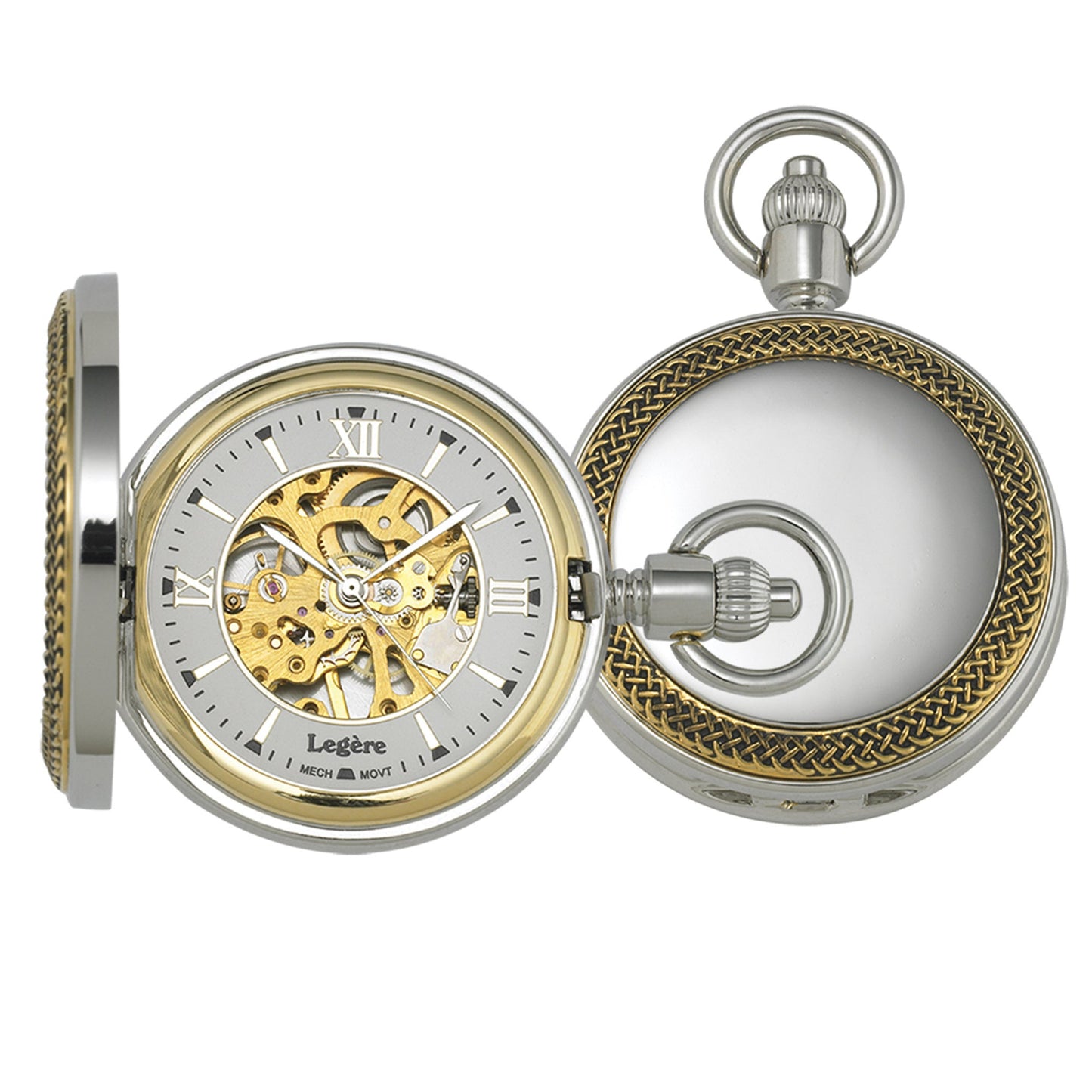 A mechanical pocket watch with gold braided trim displayed on a neutral white background.