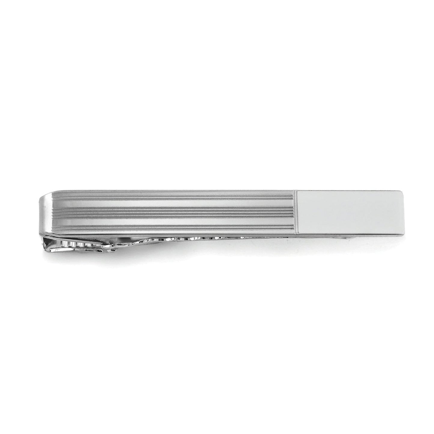 A brite engine-turned tie bar displayed on a neutral white background.