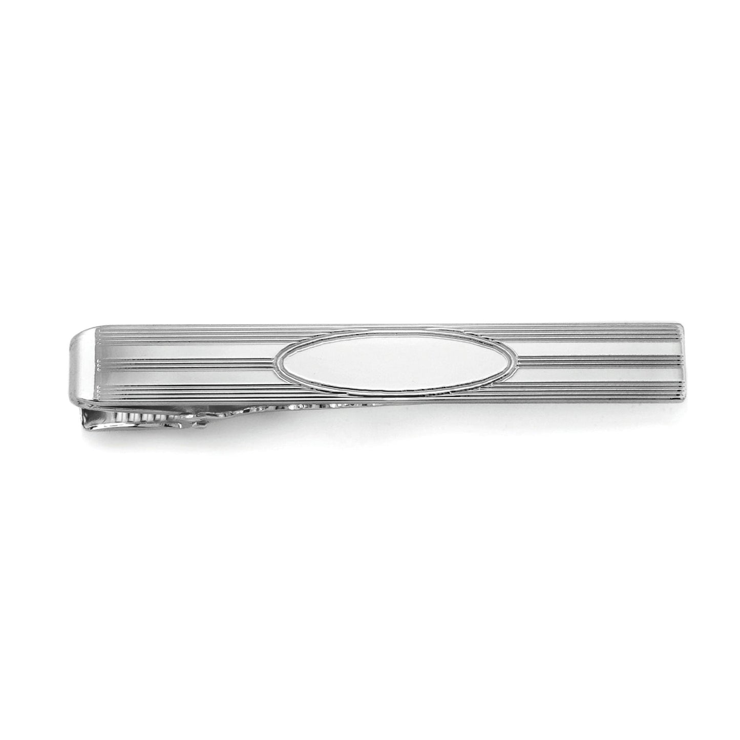 A polished engraved tie bar displayed on a neutral white background.