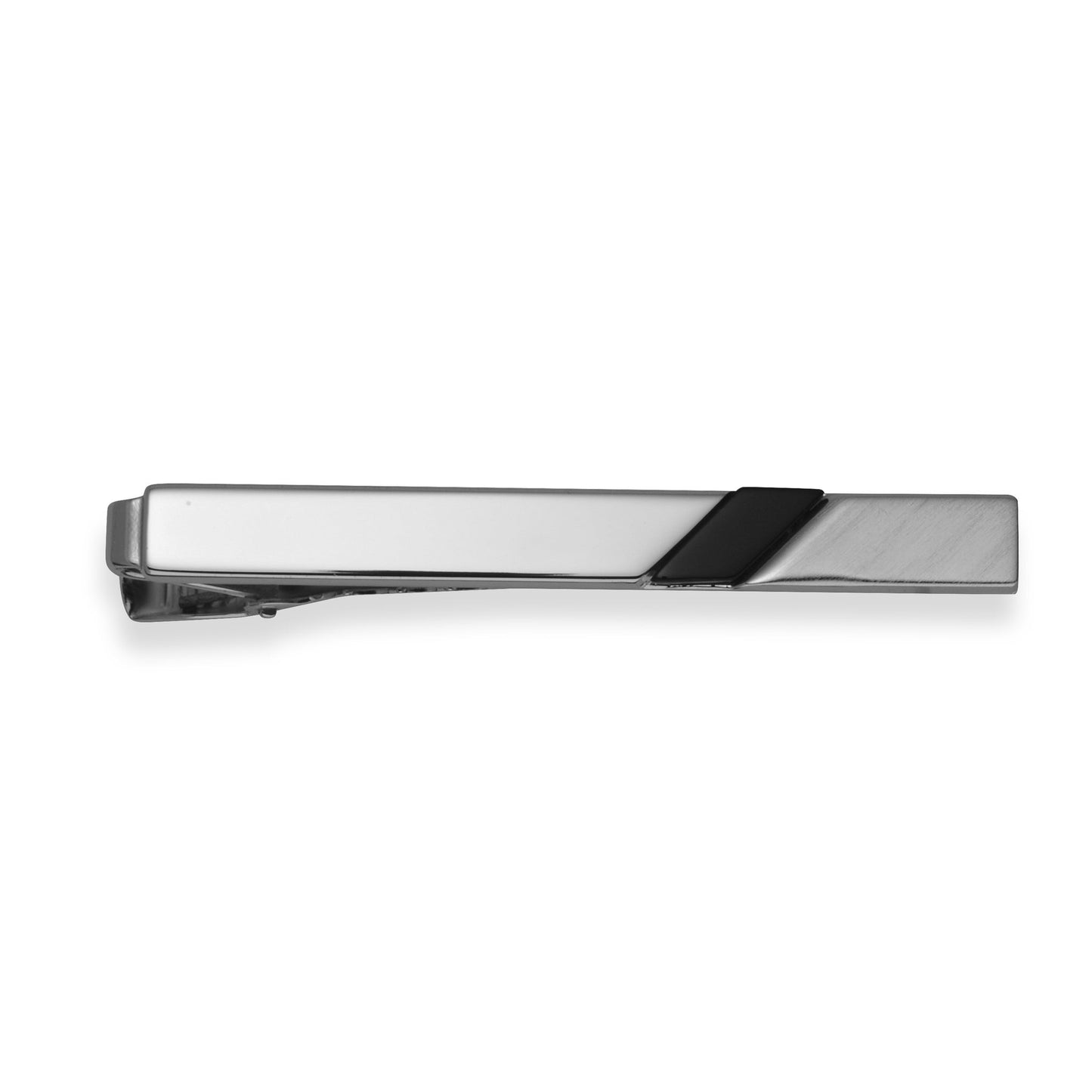 A tie bar with black onyx stone displayed on a neutral white background.