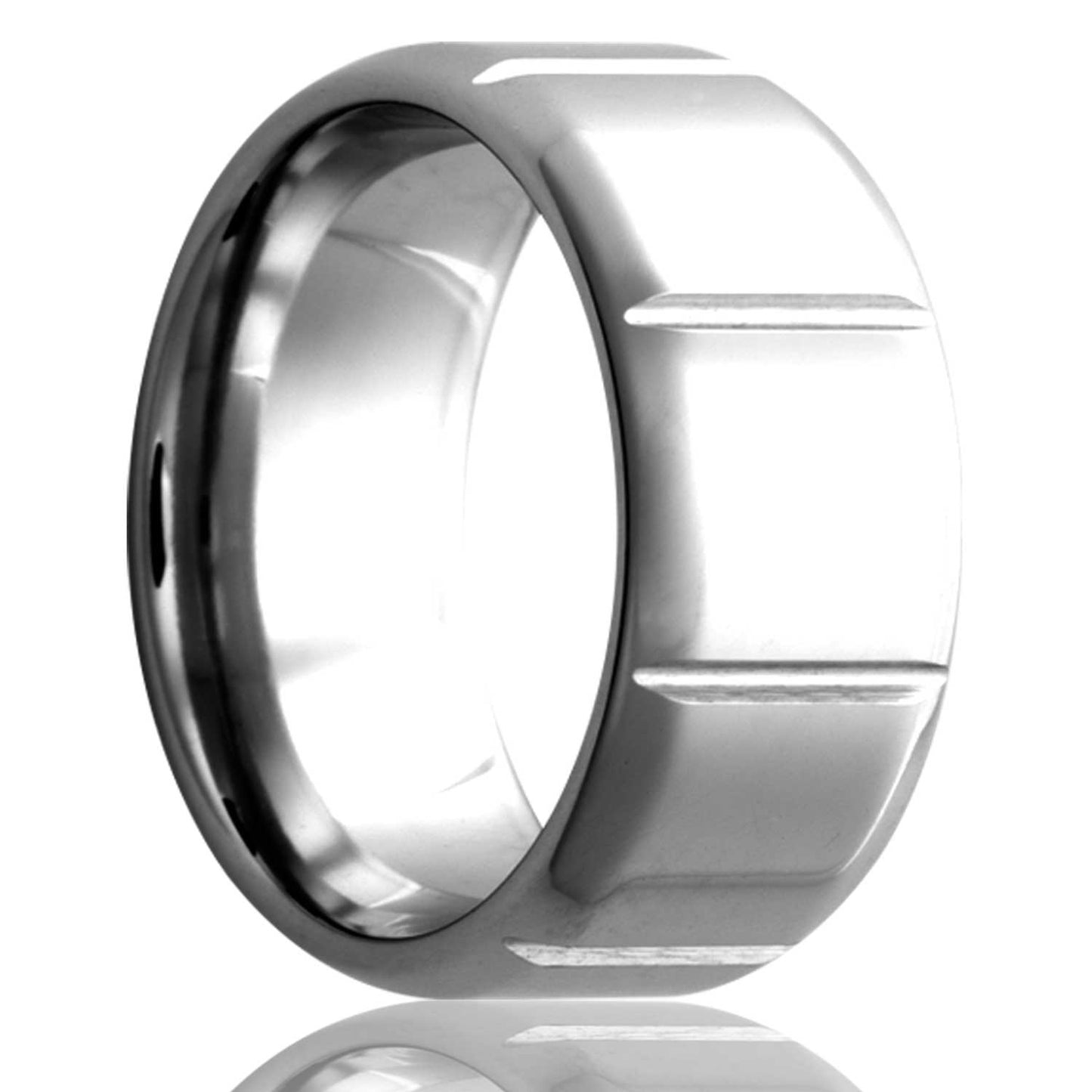 A vertical grooved cobalt wedding band with beveled edges displayed on a neutral white background.