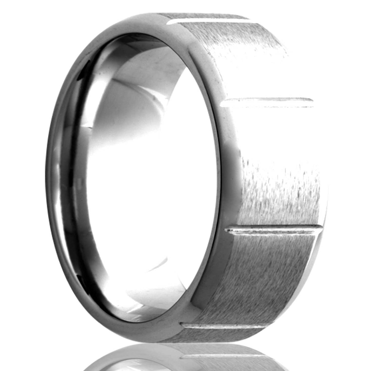 A satin finish vertical grooved cobalt wedding band with beveled edges displayed on a neutral white background.