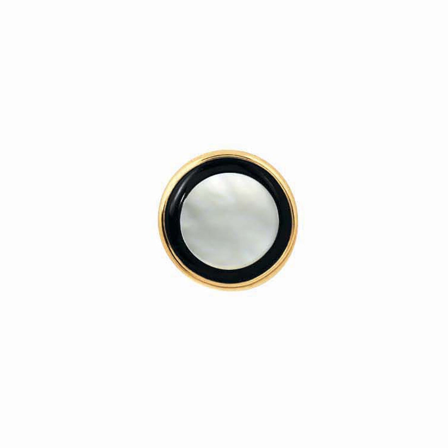 A 14k yellow gold round tie tack with mother of pearl & onyx stone displayed on a neutral white background.