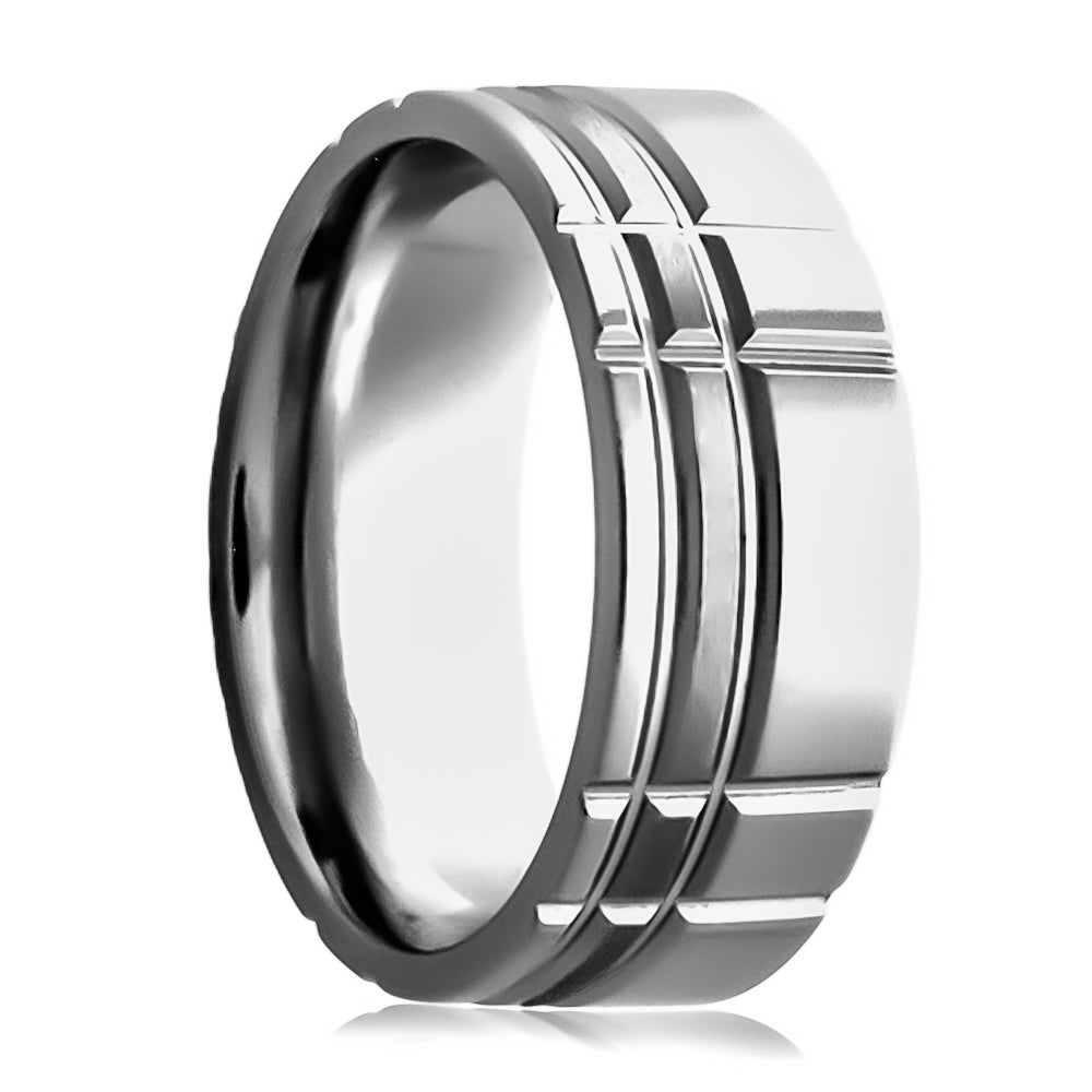 A asymmetrical grid grooved cobalt wedding band displayed on a neutral white background.