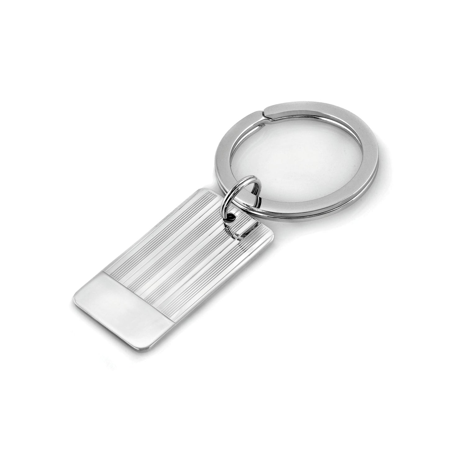 A sterling silver rectangle engine-turned key ring displayed on a neutral white background.