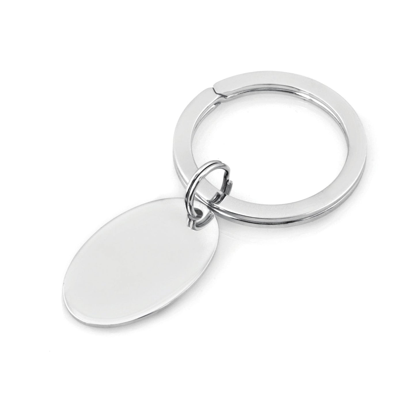 A sterling silver plain polished oval key ring displayed on a neutral white background.