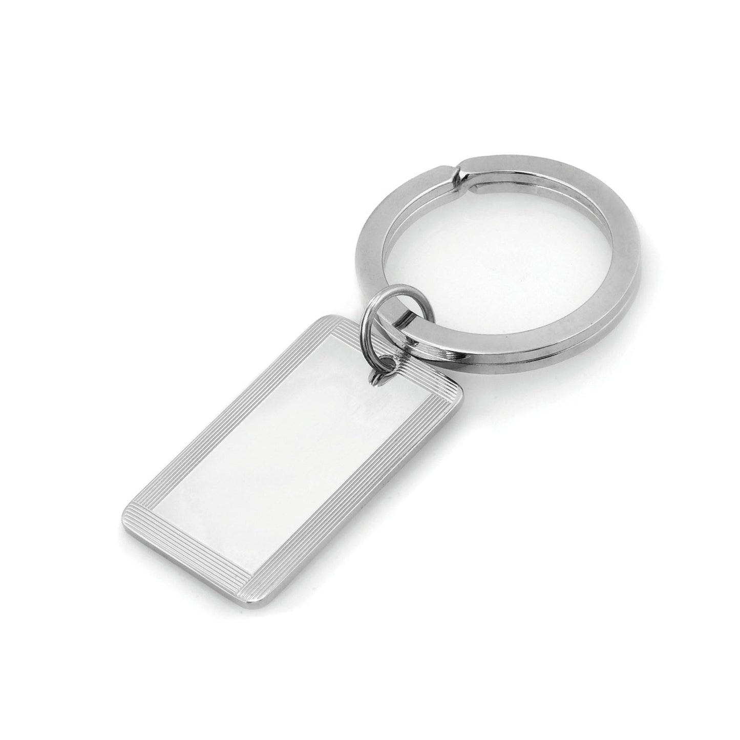A sterling silver key ring, engine-turned displayed on a neutral white background.