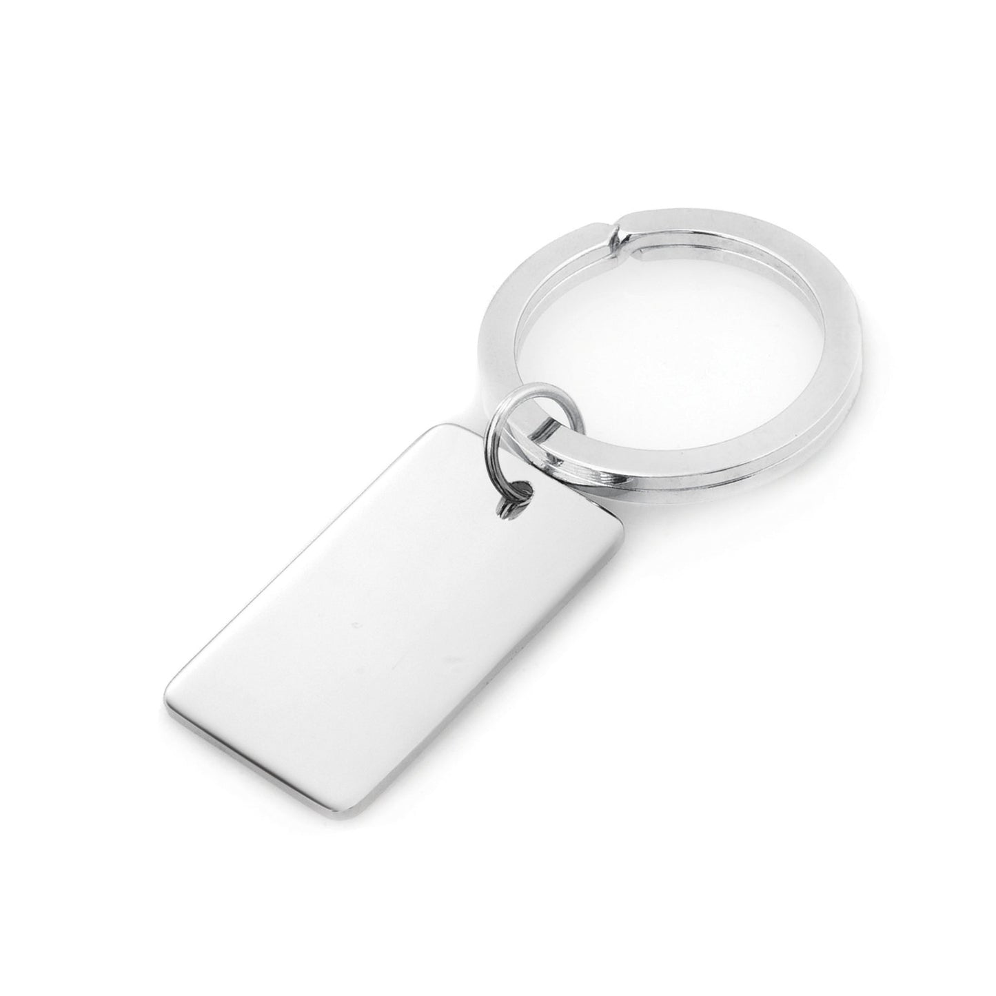 A sterling silver plain polished rectangle tag displayed on a neutral white background.