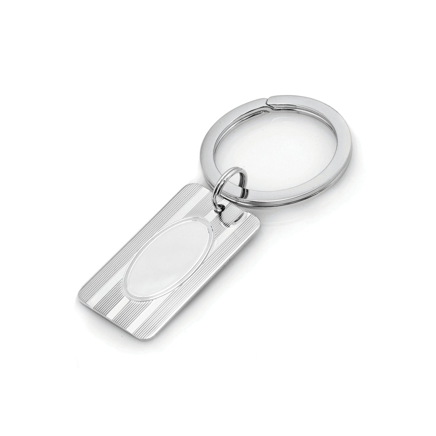 A sterling silver engine-turned rectangle key ring displayed on a neutral white background.