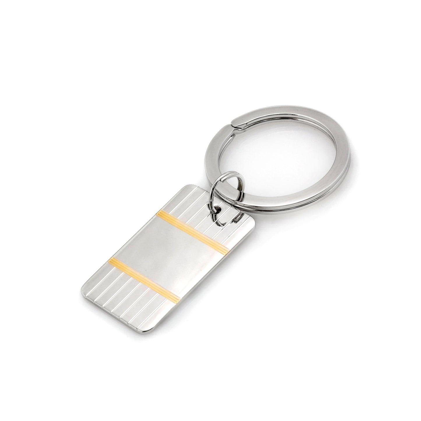A sterling silver rectangle engine-turned key ring with gold accents displayed on a neutral white background.