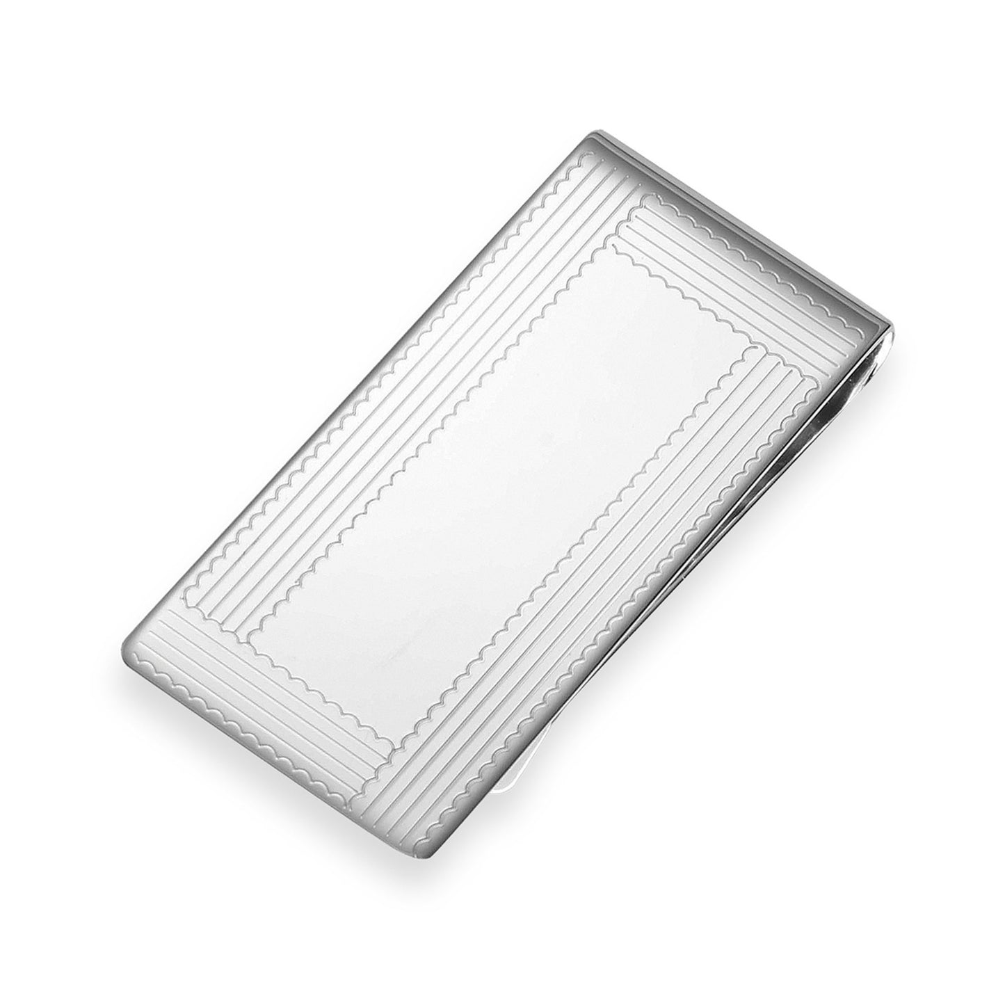 A engraved sterling silver 7 and 8" money clip displayed on a neutral white background.